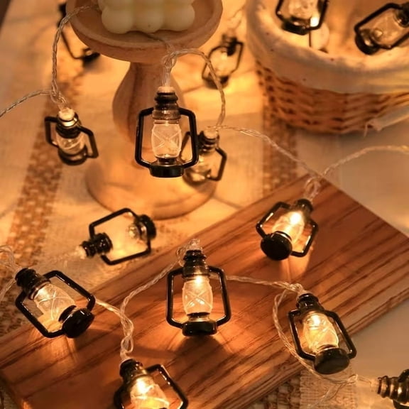 10 LED Vintage Kerosene String Lights - 6.5ft Black Decorative Lights for Indoor/Outdoor Use, Warm Yellow Light for Festive Occasions