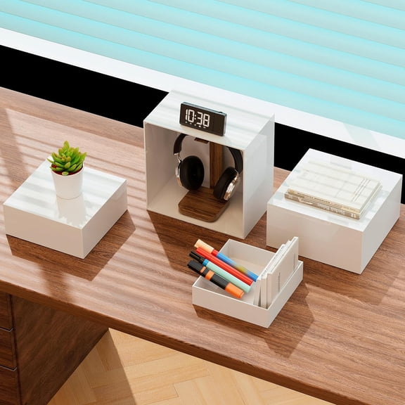 10 Large Buffet Risers with Mini Signs, Table Risers, Buffet Risers and Stands, Acrylic Cube Display Box Riser for Catering Party Buffet Table Food Display, Dessert, Cakes - White, Set of 4 Boxes