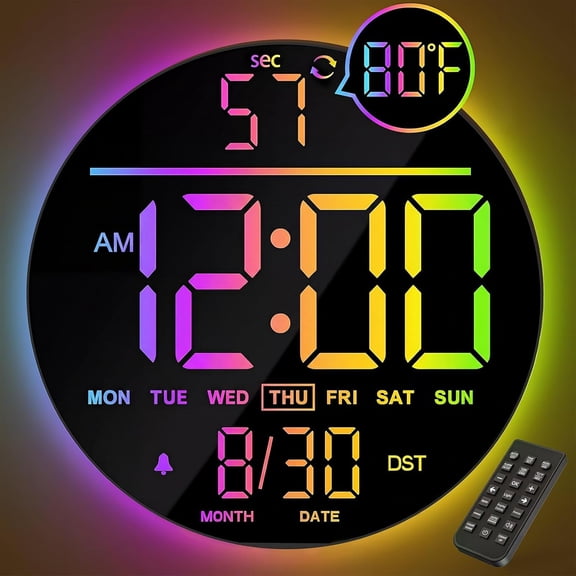 10" Large Digital Wall Clock with Seconds, Alarm Countdown Timer, Big LED Display, RGB Color, DST, Temperature, Mounted for Bedroom Living Room Office Classroom Gym, Xmas Birthday Gift, RGB