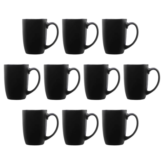 10 Large Mocha Glossy Ceramic Coffee Mugs Set, 16 oz. - Stoneware, Smooth, Durable, C-handle - Black