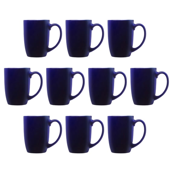 10 Large Mocha Glossy Ceramic Coffee Mugs Set, 16 oz. - Stoneware, Smooth, Durable, C-handle - Blue