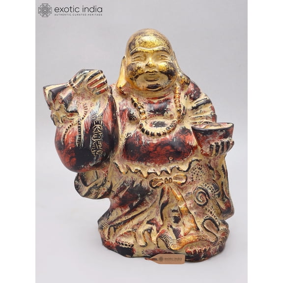 10" Laughing Buddha with Wealth Bag & Gold Bowl l Feng Shui Wealth Idol