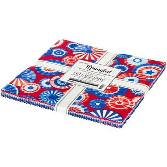 10" Layer Cake Squares - Wishwell Spangled by Vanessa Lillrose & Linda Fitch Patriotic American USA Red White & Blue Metallic Ten-Square Fabric Bundle Quilter's Cotton Precuts (TEN-1109-42) M531.31