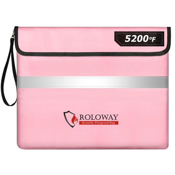 10-Layer Fireproof Document Bag with Reflective Strip, Water Resistant Money Pouch with Wrist Strap, Pink, 14 x 11 Inches