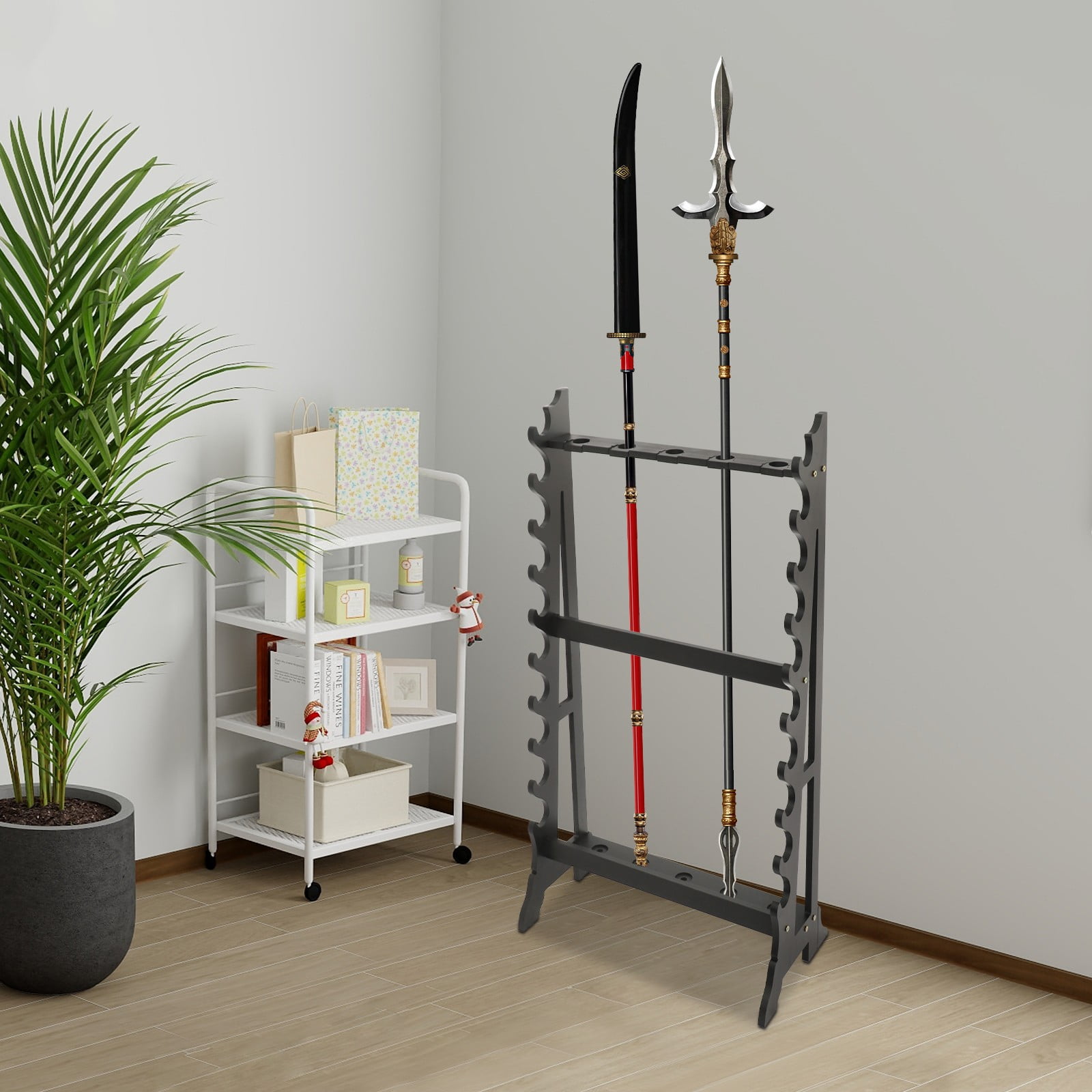 10-Layer Sword Stand, 5-Hole Katana Sword Display Rack, Black, Holds 10 Swords & Long Pole Weapons, 66lbs Capacity, for Home Dojo Weapon Storage & Decor