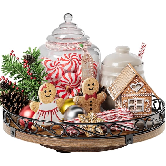 10" Lazy Susan Turntable for Cabinet - Farmhouse Wooden Round Tray for Table Top, 360 Rotating Lazy Susans Counter Organizer with Patterned Raised Edge for Kitchen Decor, Rustic Brown