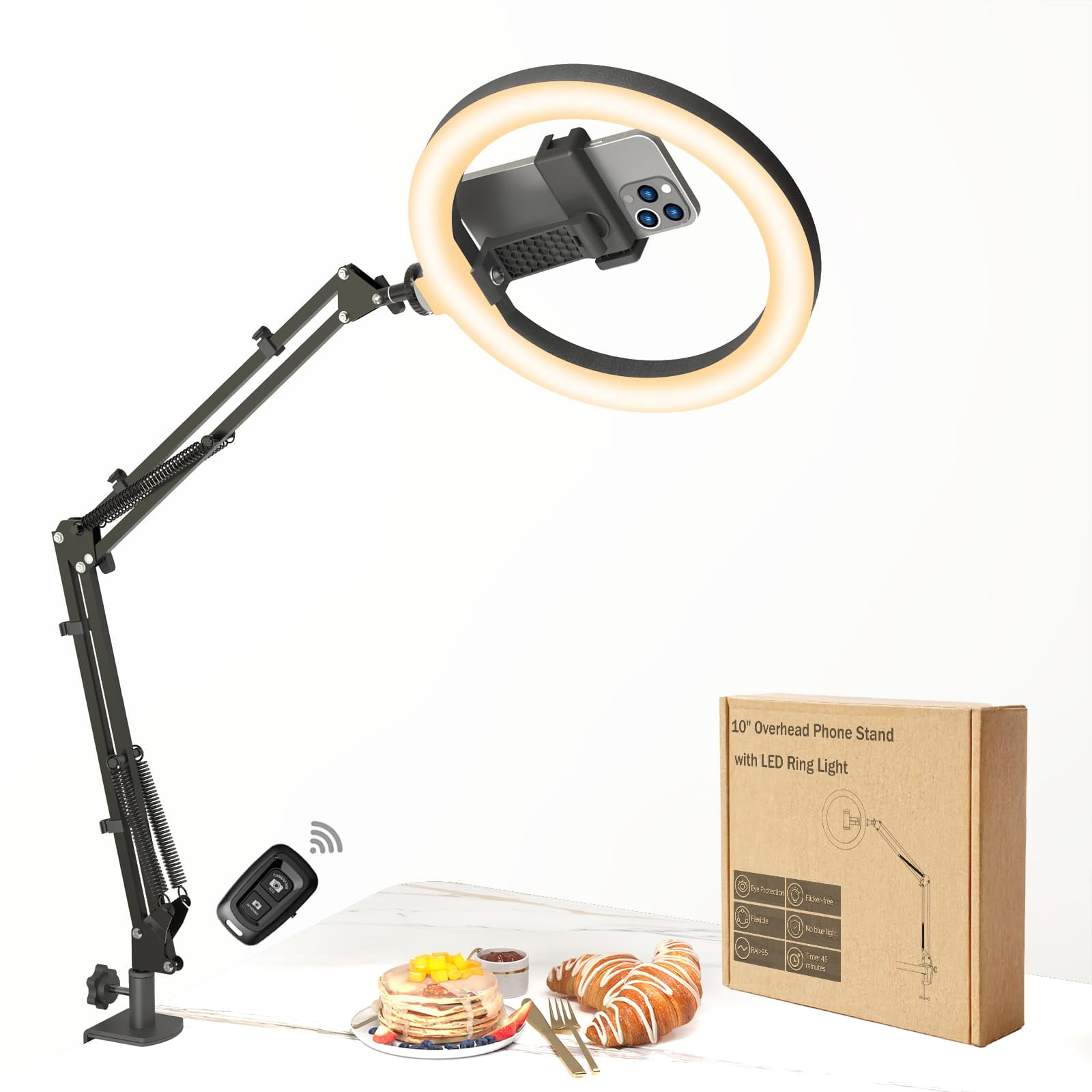 10" Led Ring Light With Overhead Phone Stand  Cri≥95 1200lm Dimmable Lighting Adjustable Metal Arm Remote & Holder For Streaming Makeup Zoom Calls Photography