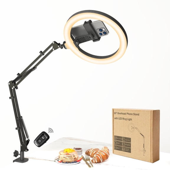 10" Led Ring Light With Overhead Phone Stand Cri95 1200lm Dimmable Lighting Adjustable Metal Arm Remote & Holder For Streaming Makeup Zoom Calls Photography