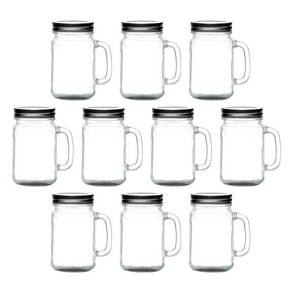 10 Libbey Handle Mason Jars with Lids Set, 16 oz. - Traditional style, Drinking, Glassware - Black