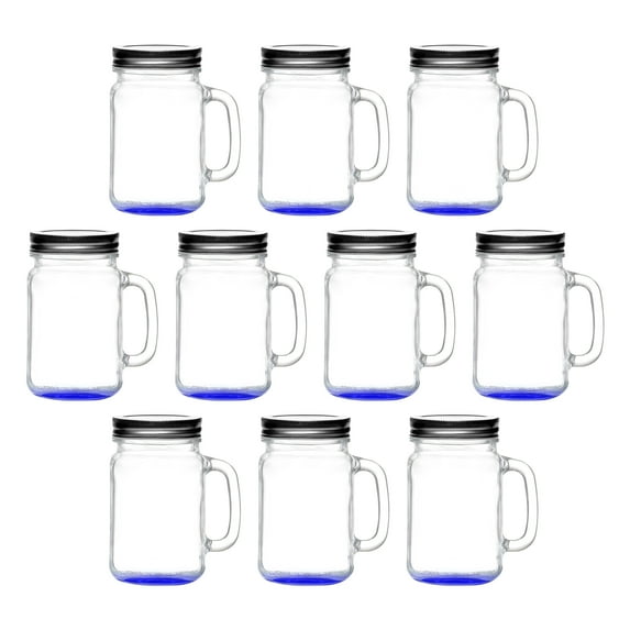 10 Libbey Handle Mason Jars with Lids Set, 16 oz. - Traditional style, Drinking, Glassware - Blue