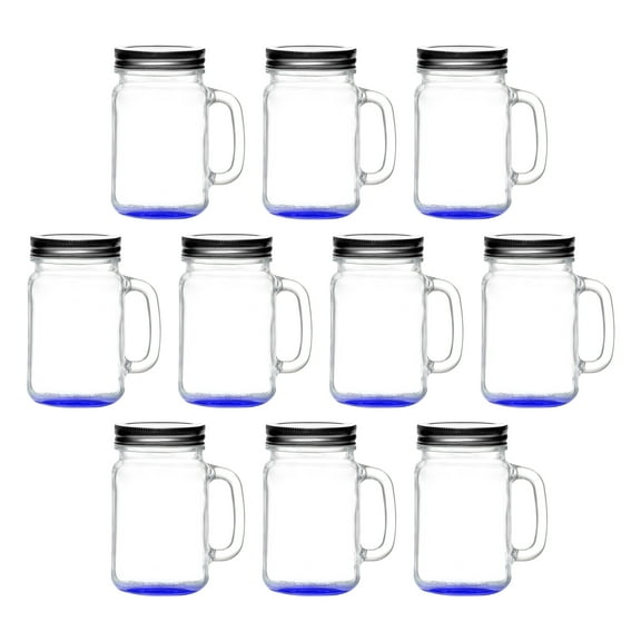 10 Libbey Handle Mason Jars with Lids Set, 16 oz. - Traditional style, Drinking, Glassware - Blue