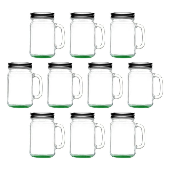 10 Libbey Handle Mason Jars with Lids Set, 16 oz. - Traditional style, Drinking, Glassware - Green