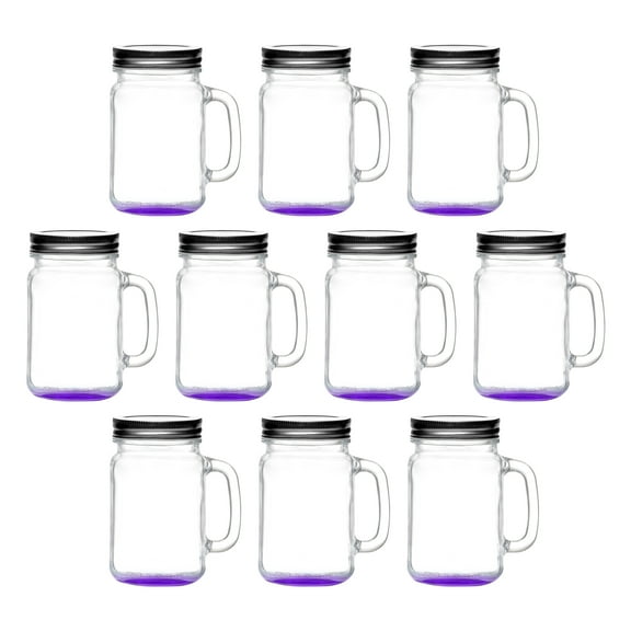 10 Libbey Handle Mason Jars with Lids Set, 16 oz. - Traditional style, Drinking, Glassware - Purple