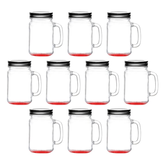 10 Libbey Handle Mason Jars with Lids Set, 16 oz. - Traditional style, Drinking, Glassware - Red