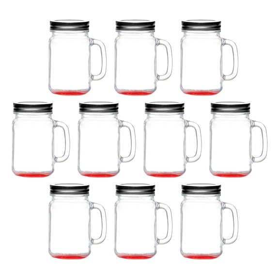 10 Libbey Handle Mason Jars with Lids Set, 16 oz. - Traditional style, Drinking, Glassware - Red