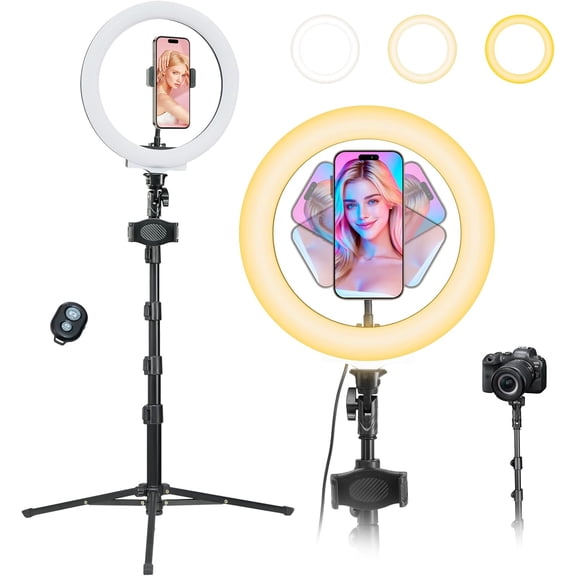 10" Light with 66'' Tripod Stands & 2 Phone Holder, LED Circle Lights Compatible with All Phones, 3 Color & 10 Brightness Level, for Live Stream, Makeup, Zoom, TikTok, YouTube