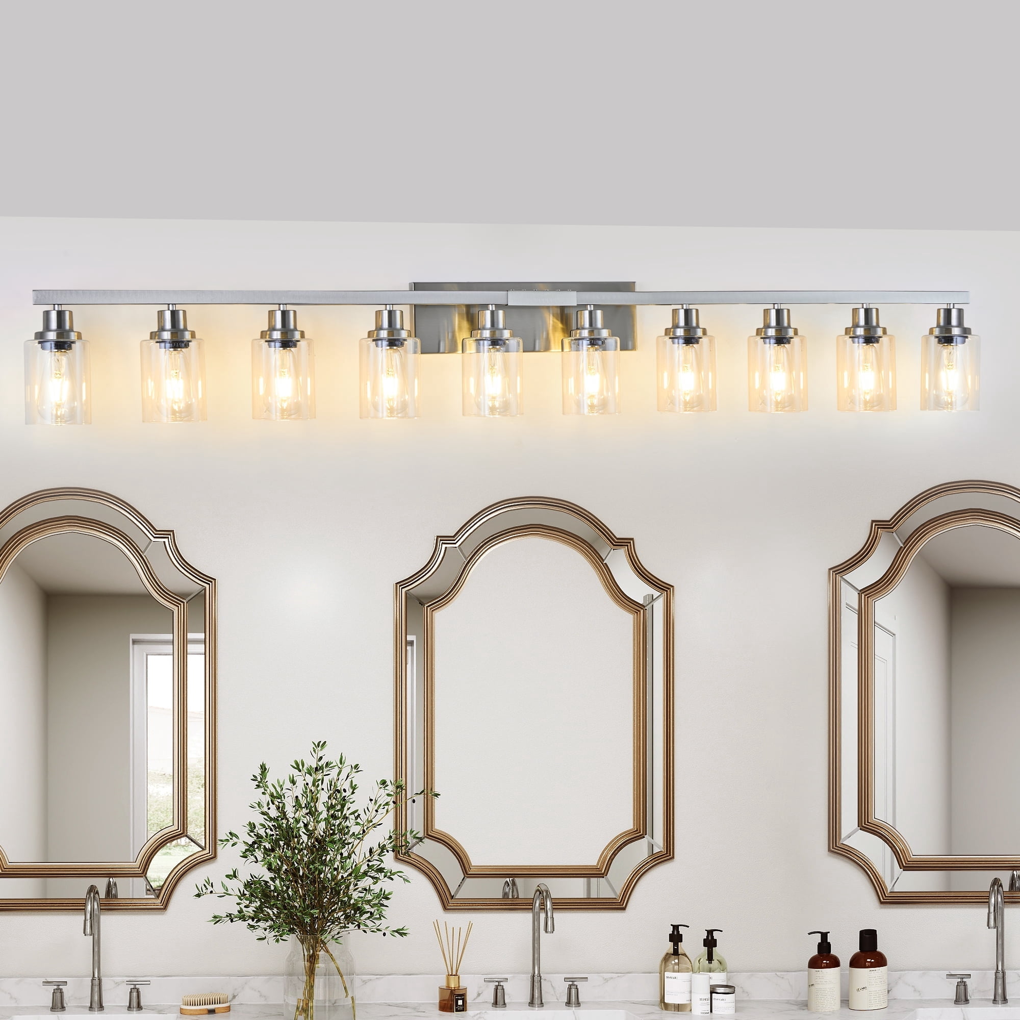 10 Light Bathroom Light Fixtures, Bathroom Vanity Light with Clear Glass, Brushed Nickel Bathroom Lighting Fixtures over Mirror, Large Vanity Lights for Bathroom, Vanity Light for Mirror, Wall Sconce