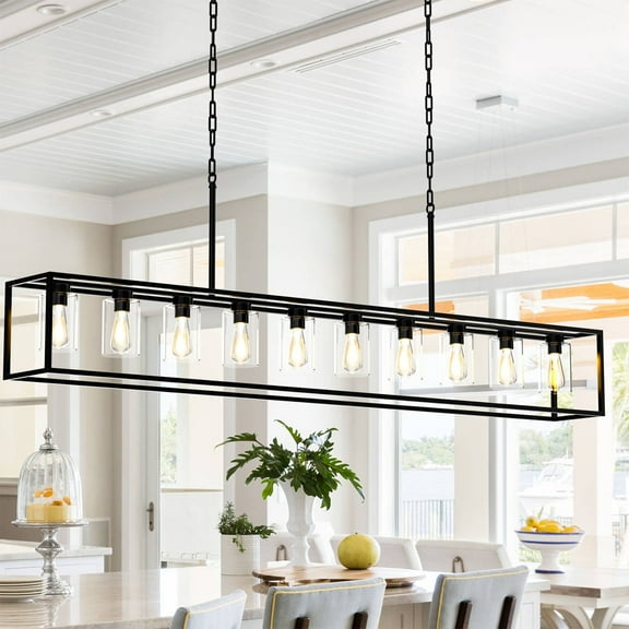 10-Light Farmhouse Dining Room Light Fixture,Black Kitchen Island Lighting with Clear Glass Shades,Modern Rectangular Chandelier for Kitchen, Dining Room, Bar, Foyer