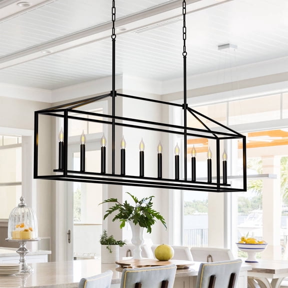 10-Light Farmhouse Dining Room Light Fixture,Black Kitchen Island Lighting,Modern Rectangular Chandelier for Kitchen, Dining Room, Bar, Foyer