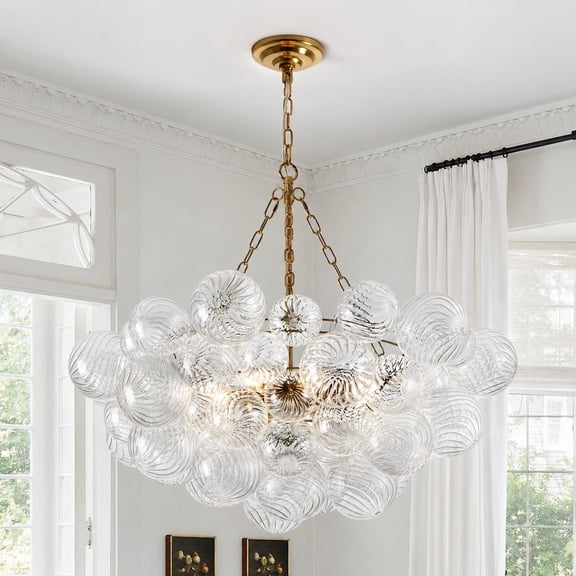 10-Light Gold Chandelier with Ribbed Globe Glass, 25 Inch Mid-Century Bubble Ceiling Light