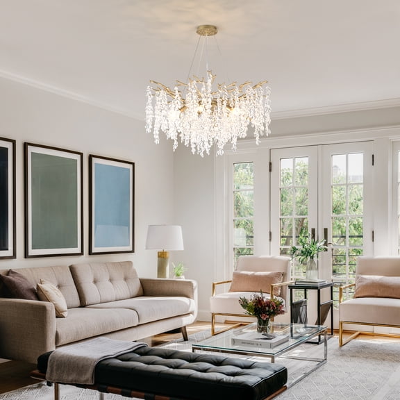 10 Light Gold Crystal Chandelier Farmhouse Ceiling Lamp for Dining Room Kitchen Island - NO Bulbs Included