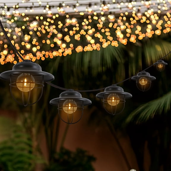 JONATHAN Y 10-Light Indoor/Outdoor 10 ft. Rustic Farmhouse Incandescent G40 Metal Cage Shade String Lights, Black