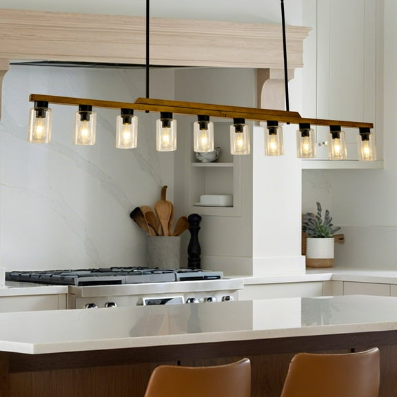 10-Light Kitchen Island Light Fixtures,Dining Room Light Fixture Over Table Rustic Chandeliers with Seeded Glass Shade, Farmhouse Wood Chandelier