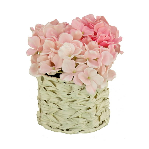 10 in. Light Pink Hydrangea Bouquet in White Basket