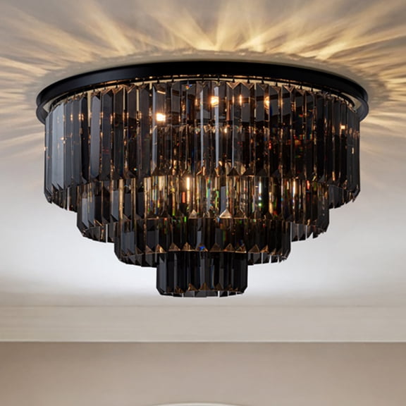 10-Light W32 in. Modern Odeon 4-Tier Round Fringe Crystal Flush Mount in Matte Black Finish Frame with Smoke Crystal Accents Dual-Use Light for Dining Room Living Room Bedroom