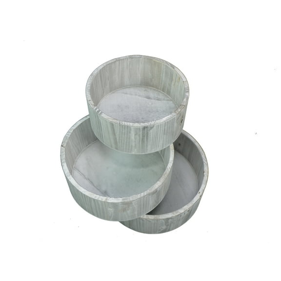 10" Light grey wash round woodcrate Set of 3. ABN5E099-WHT-GY