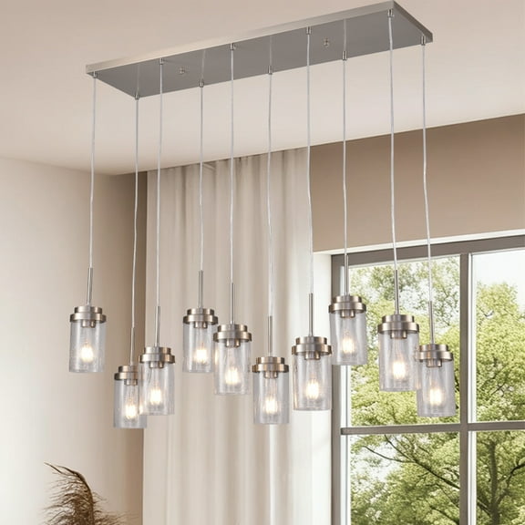 10 Lights Kitchen Island Lighting,Brushed Nickel Linear Chandeliers,Dining Room Light Fixtures with Clear Glass Shade,Farmhouse Chandelier for Dining Room