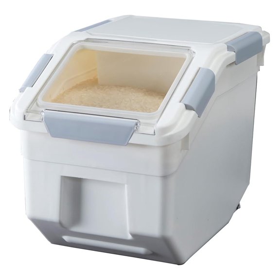 10 Liter Rice Storage Container 20 Lbs Airtight Grain Bin with Measuring Cup and Wheels, Moisture Proof Pet Food Feed Sack Holder, White PP Plastic Pantry Organizer for Flour Corn Beans