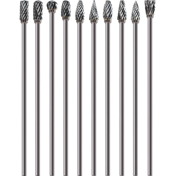 10 Long Handle Carbide Tipped Milling Cutter Set 1/8 Inch Shank Overall Length 4.4 Inches, Compatible with Electric Grinders, Suitable for Machining Cast Iron Steel Aluminum Cylinder Heads Engine Int
