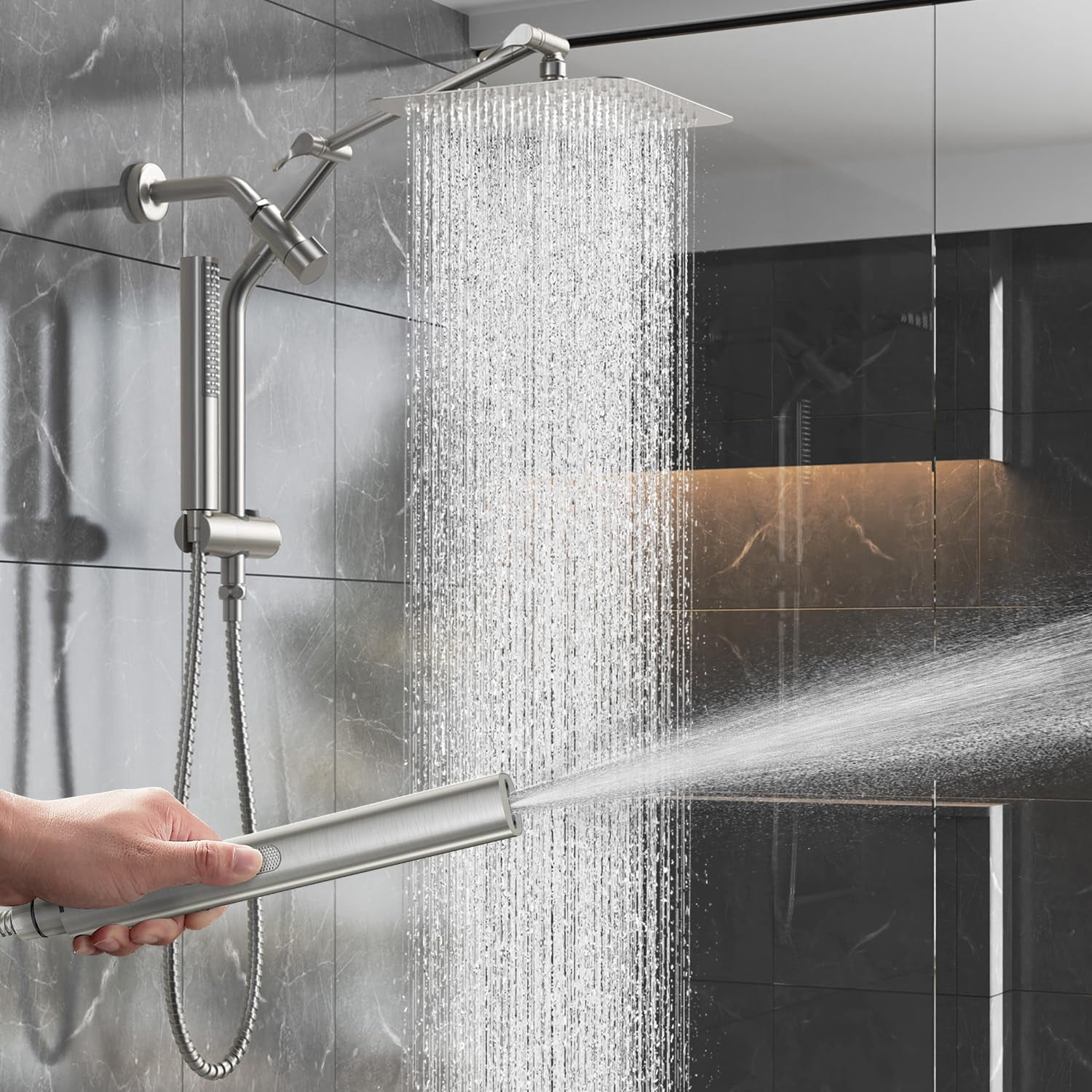 10" Luxurious Brushed Nickel All Metal Rain Shower Head With Handheld Spray Combo  High Rainfall Square Heads Extension Arm Wide Dual Showerhead Bathroom Accessories