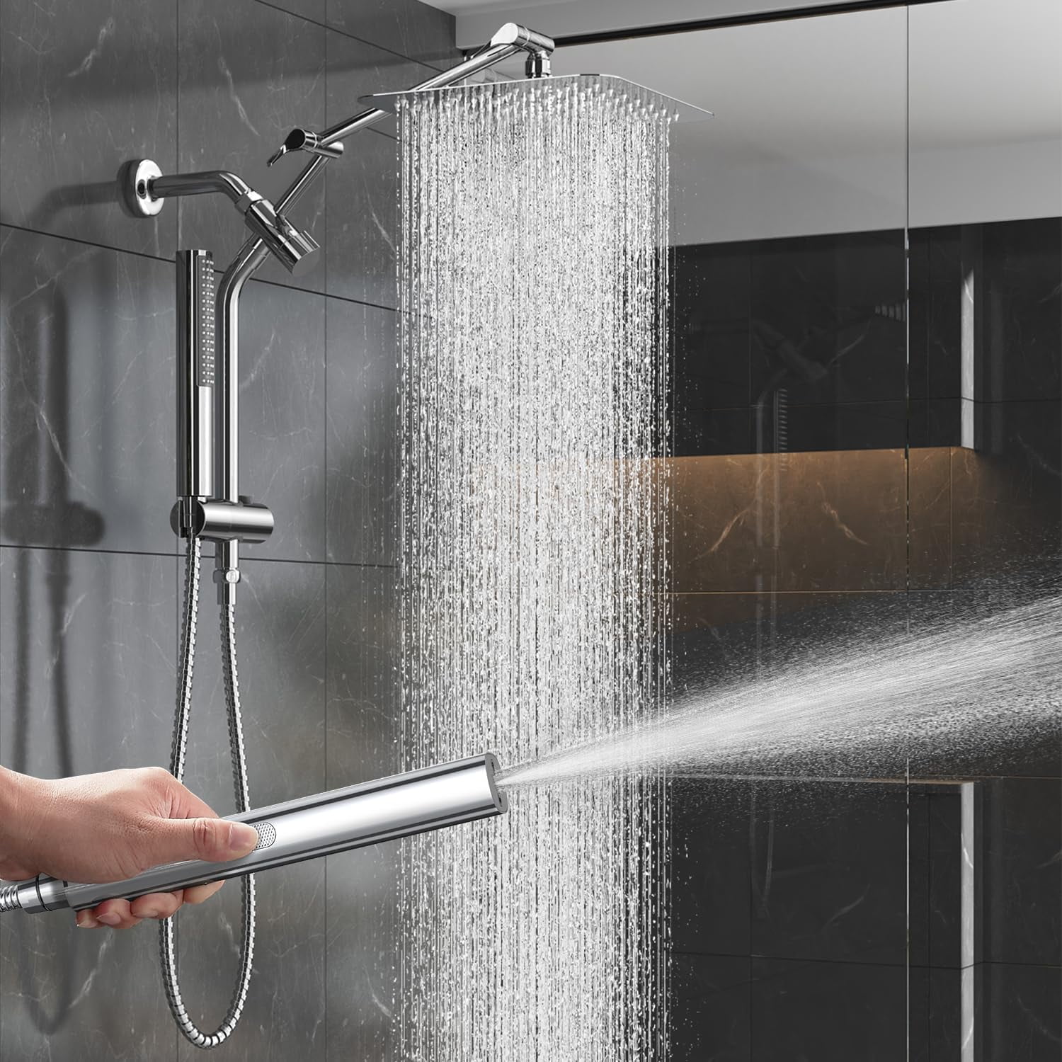 10" Luxurious Rain Shower Head with Handheld, High Pressure Rainf Shower Heads wih Extension Arm, Wide Dual Showerhead with Spray Combo, Bathroom Accessories, Chrome, Silver