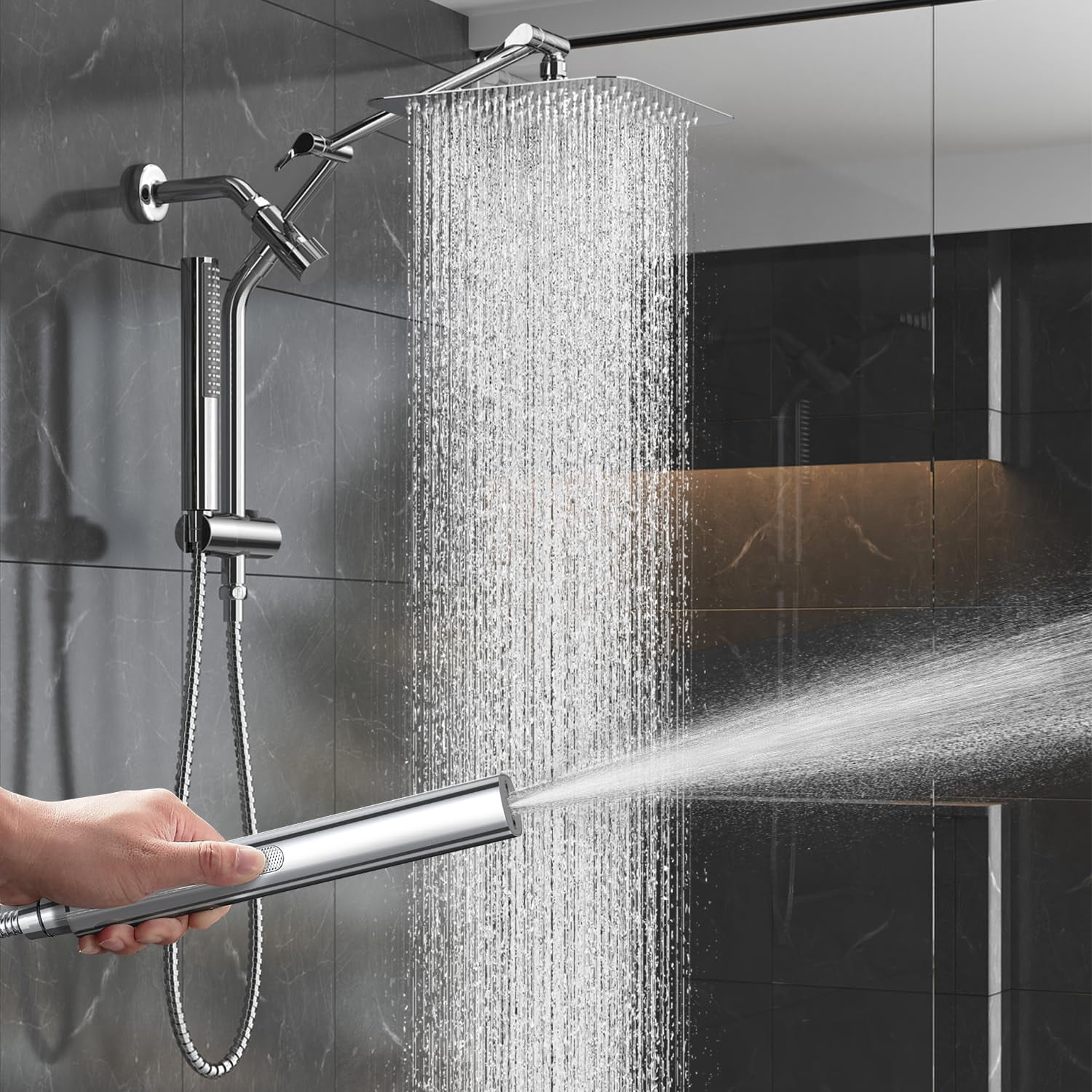 10" Luxurious Rain Shower Head With Handheld  High Rainfall Heads Wih Extension Arm Wide Dual Showerhead Spray Combo Bathroom Accessories Chrome