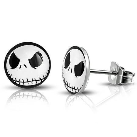 10 MM Stainless Steel Jack Skellington Round Circle Button Stud Post Earrings