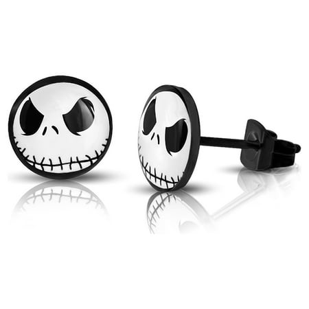 10 MM Stainless Steel Jack Skellington Round Circle Button Stud Post Earrings