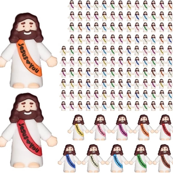 10 Macaronic Color Mini Jesus Figurines to Hide Tiny Pocket Rubber Jesus Loves You Figures for Religious Party Favors, Christmas,Sunday School, Baptism Decor, Easter Egg Stuffers