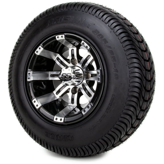 10" Machined Black Tempest Golf Cart Wheels and All Terrain Tires Combo Set of 4