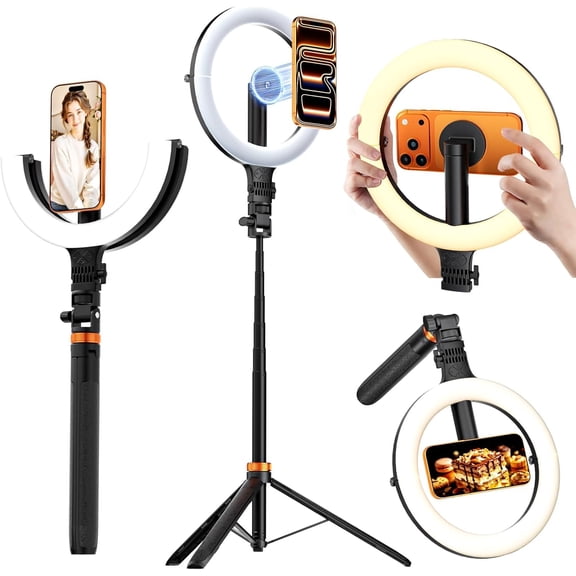 10" Magnetic Light with 76" Tripod, 5000mAh Rechargeable Foldable LED Light for Mag Safe, [Battery Display], 3000K-6500K Portable Phone Tripod with Light for Video, Live, Photography
