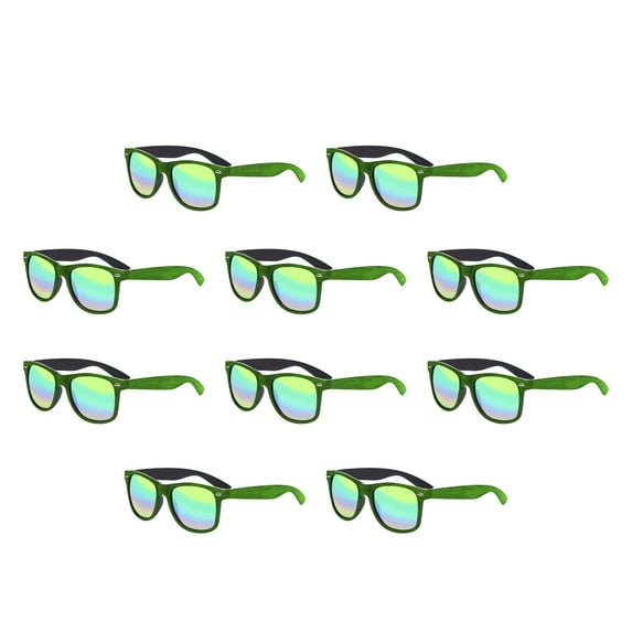 10 Matte Woodgrain Finish Sunglasses Pack - Reflector Lenses, UV 400 - Green