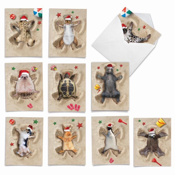 The Best Card Company 10 Assorted Wildlife Christmas Notes Set 4x5.12 w/ Envelopes, 10x1 Designs, for Men, Women, Holiday Sand Angels AM6844XSG-B1x10