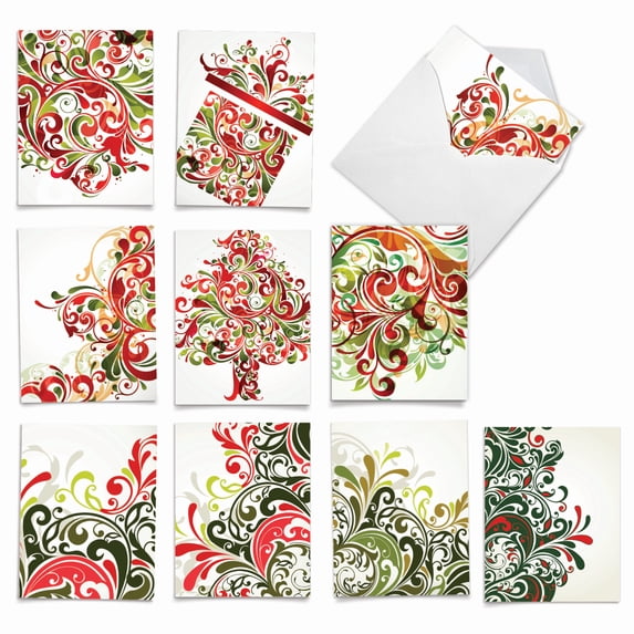 10 Merry Christmas Note Cards Assorted (4 x 5.12 Inch) - SEASONAL SWIRLS M6053