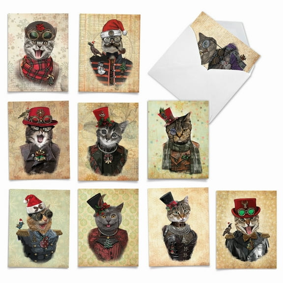 10 Merry Christmas Note Cards Pack (4 x 5.12 Inch) - CHRISTMAS STEAMPUNK CATS M6554XSB