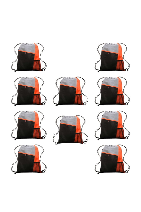10 Mesh Pocket Drawstring Backpacks Set - Durable, Multicolor, Black Straps - Orange