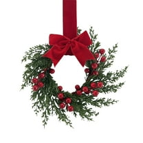 10" Mini Christmas Norfolk Wreath with Red Bow & Burgundy Ribbon, Small Artificial Evergreen Kitchen Cabinet Wreath for Front Door Window Table Pillar Holiday Décor, A, Wreath