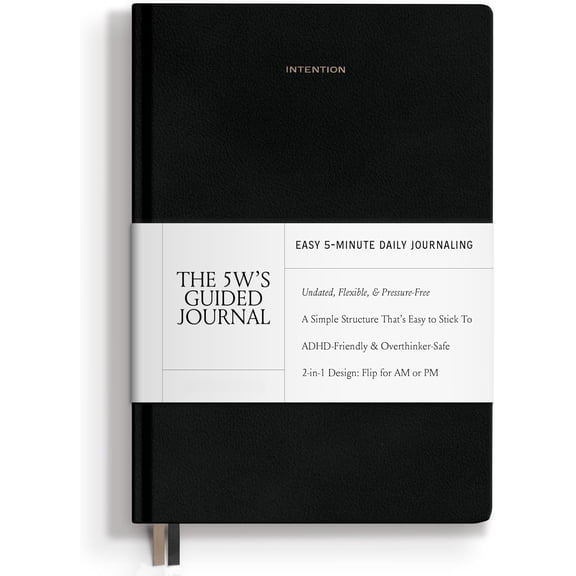 10-Minute Morning & Night Journal - Reversible AM/PM Guided Notebook for Mindfulness, Focus & Consistency - Undated Daily Journal in Black Vegan Lear | 5W's Guided Journal by