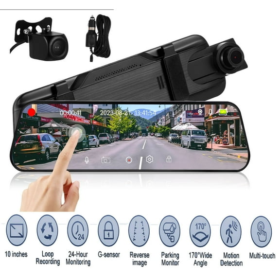 10'' Mirror Dash Cam Night Vision 1080P FHD Full Touch Screen Front and Rear View Backup Camera for Cars Loop Recording Streaming Media 170Wide Angle Parking Assistance