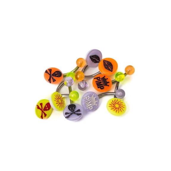 10 Mixed Acrylic Logo Belly Rings 316L Surgical Steel 14ga-3/8"(10mm)